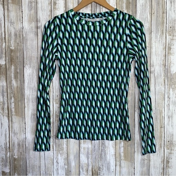 NWT Diane Von Furstenberg Long Sleeve Green Diamond Top - Picture 3 of 8